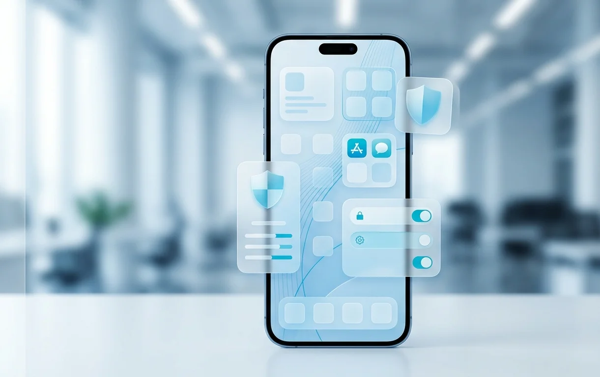 Digital security interface on a smartphone screen featuring glassmorphism design and data protection layers