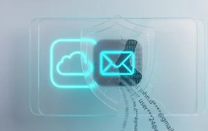 Conceptual image of a data leak - a shattered iCloud Mail glass shield reveals true addresses