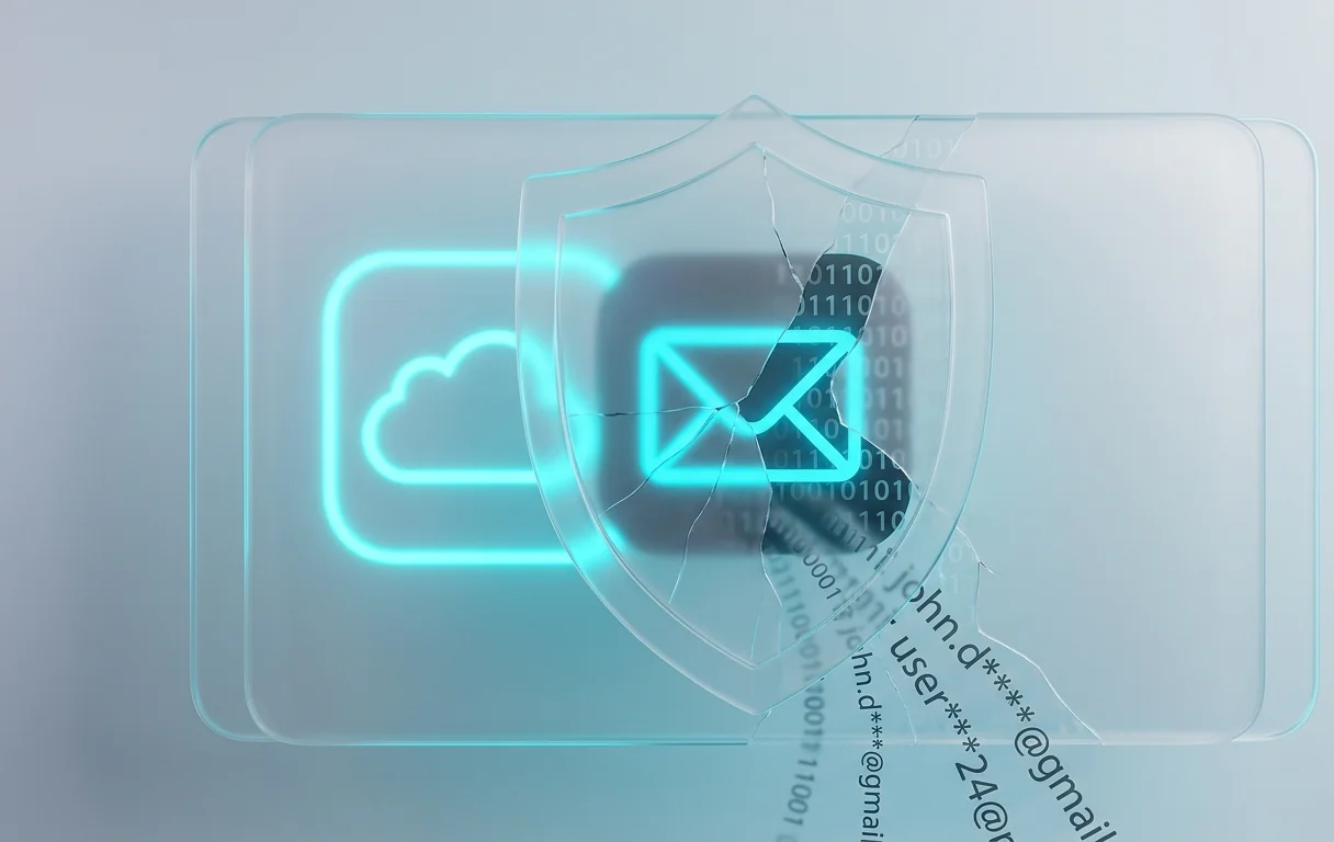 Концептуальное изображение утечки данных - разбитый стеклянный щит iCloud Mail раскрывает настоящие адреса