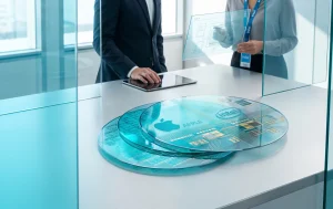 Conceptual photo of a semiconductor wafer featuring Apple and Intel logos on a corporate meeting table