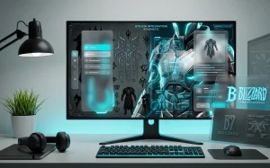 Blizzard company logo on a dark glassmorphic background with cyan illumination