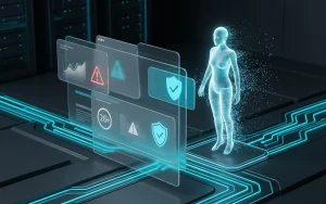 Conceptual illustration of AI regulation in China — the silhouette of a digital AI companion dissolves before protective panels with graphs and safety symbols, illustrating the ban on virtual partners.