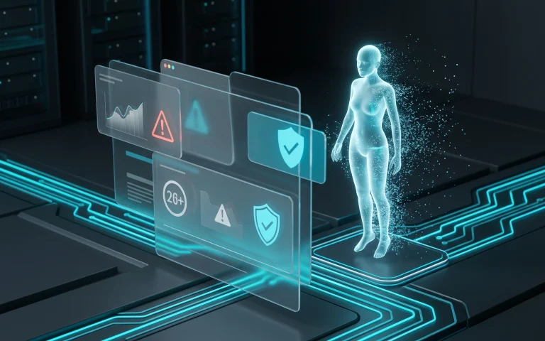 Conceptual illustration of AI regulation in China — the silhouette of a digital AI companion dissolves before protective panels with graphs and safety symbols, illustrating the ban on virtual partners.