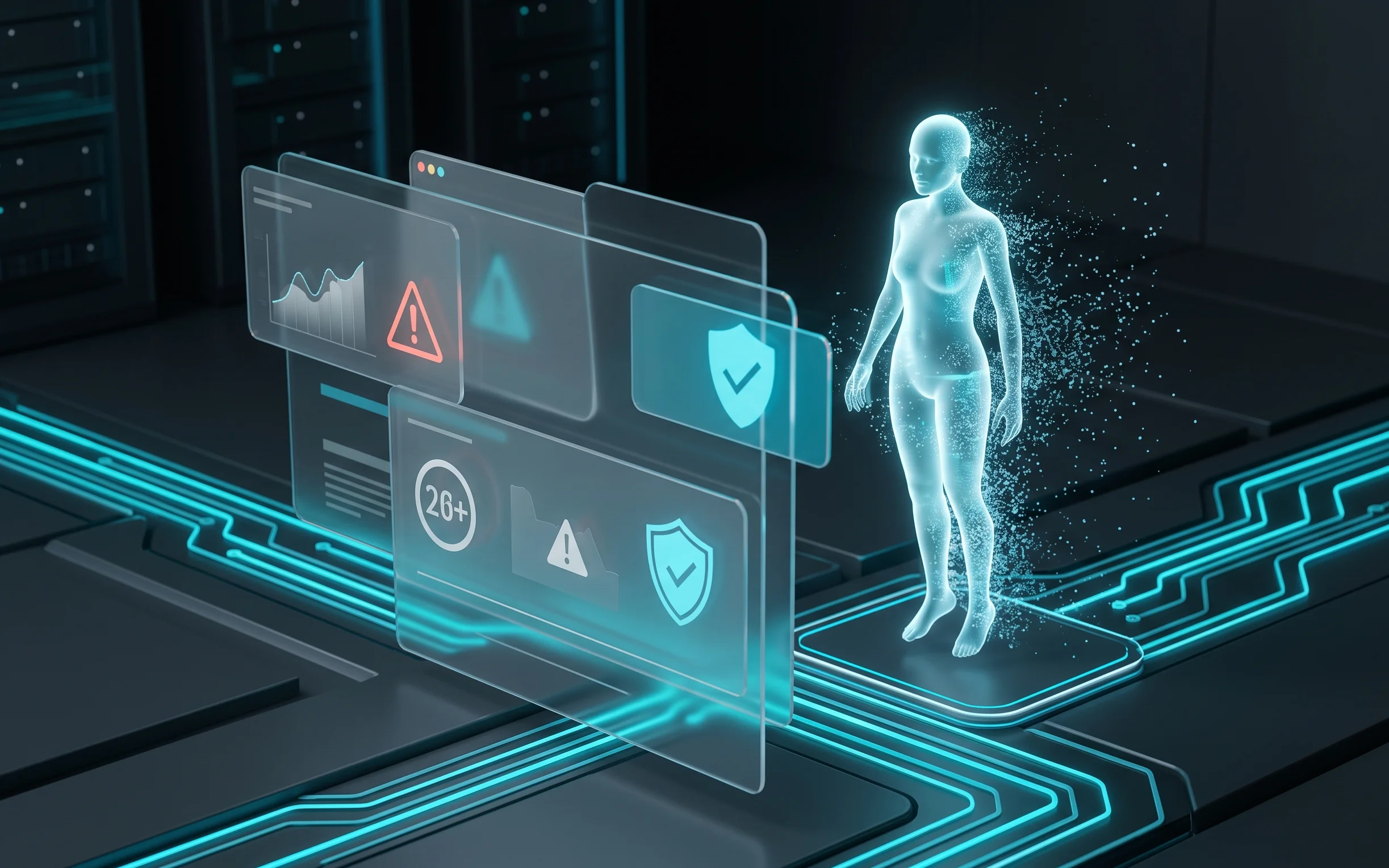 Conceptual illustration of AI regulation in China — the silhouette of a digital AI companion dissolves before protective panels with graphs and safety symbols, illustrating the ban on virtual partners.