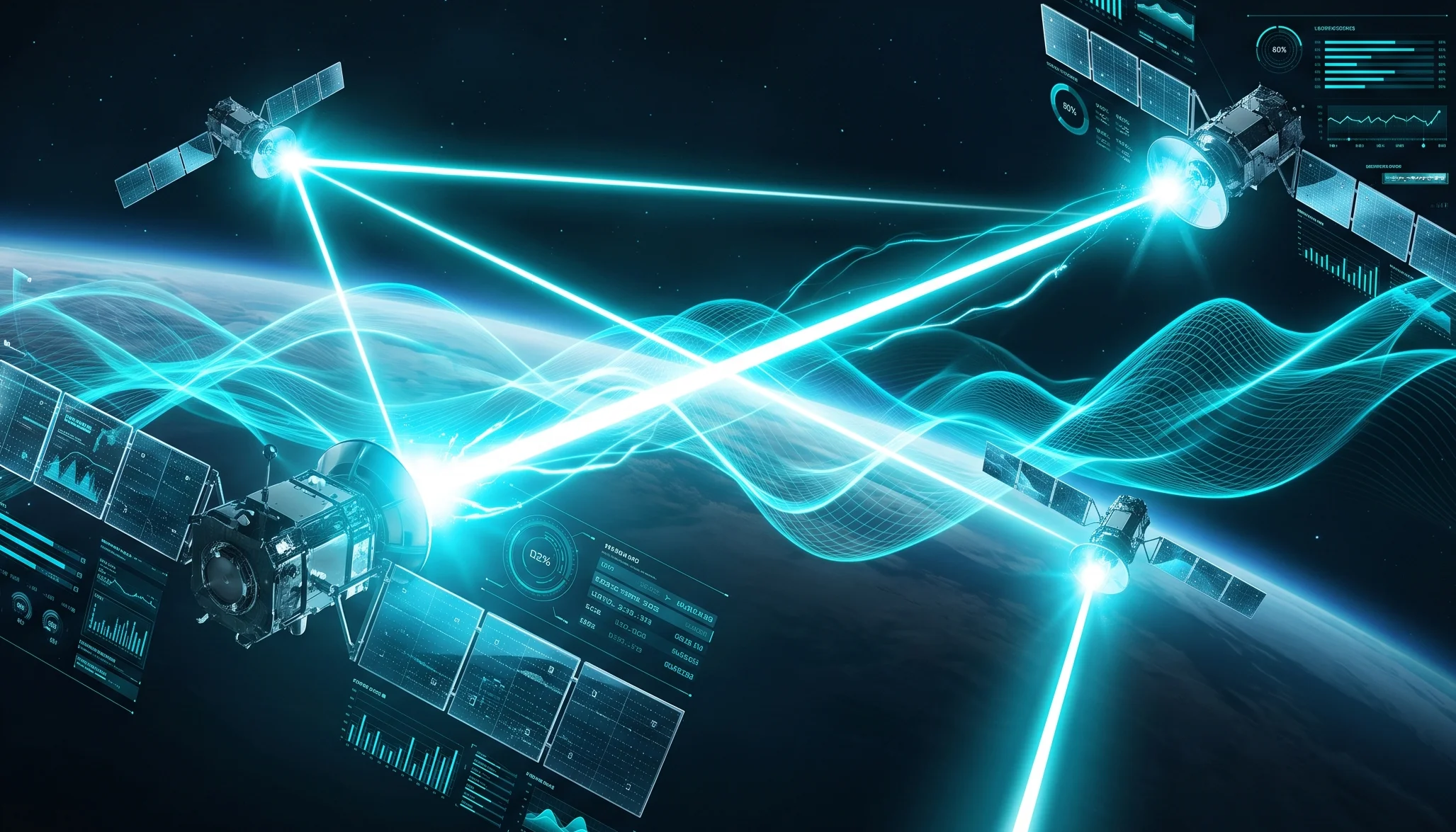 Orbital satellites affected by directional cyan microwave pulses of an electromagnetic weapon