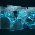 Abstract 3D glassmorphism panel with network nodes and data streams in a server room background
