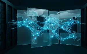 Abstract 3D glassmorphism panel with network nodes and data streams in a server room background