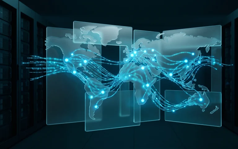 Abstract 3D glassmorphism panel with network nodes and data streams in a server room background