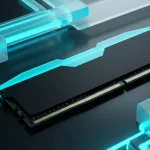 DDR5 RAM module with bright cyan lighting on a sleek dark surface