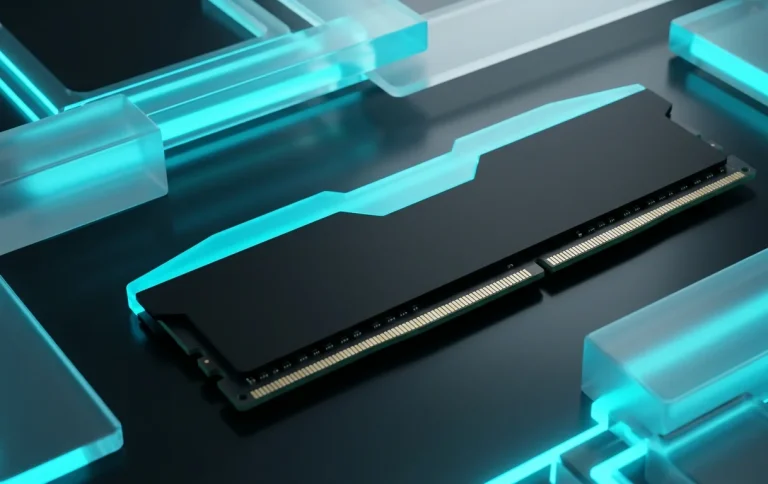 DDR5 RAM module with bright cyan lighting on a sleek dark surface