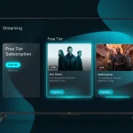 Conceptual user interface of a Disney Plus free tier streaming option displayed on a modern television screen with corporate styling