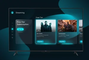 Conceptual user interface of a Disney Plus free tier streaming option displayed on a modern television screen with corporate styling