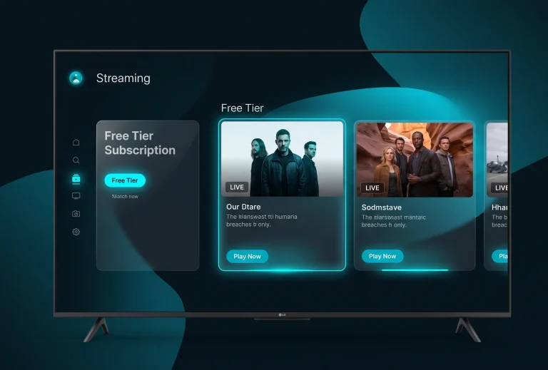 Conceptual user interface of a Disney Plus free tier streaming option displayed on a modern television screen with corporate styling