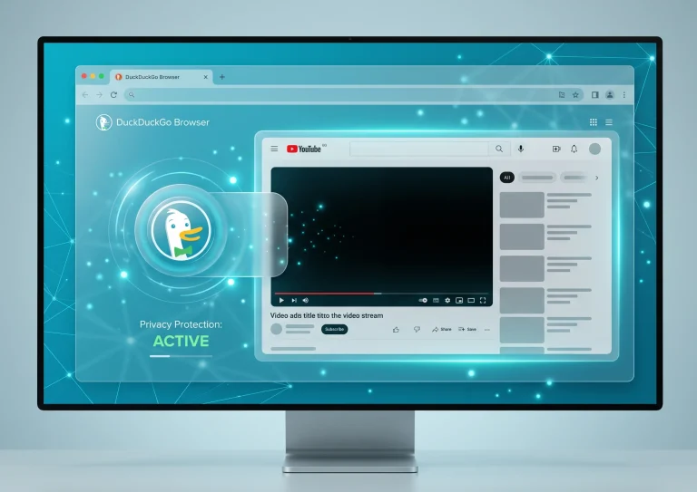 DuckDuckGo privacy browser interface showing active ad protection while playing a web video