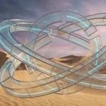 An abstract glass structure shaped like planetary orbits in the middle of the Arrakis desert