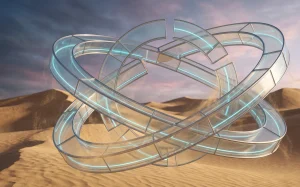 An abstract glass structure shaped like planetary orbits in the middle of the Arrakis desert