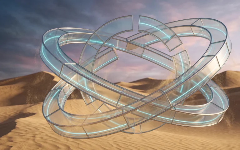 An abstract glass structure shaped like planetary orbits in the middle of the Arrakis desert