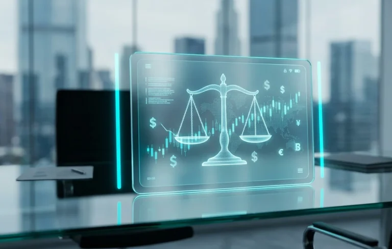 Corporate office setup and digital scales of justice representing legal settlement