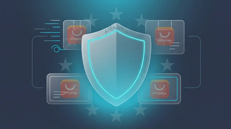 Illustration showing European e-commerce regulation and AliExpress fine with a neon shield design