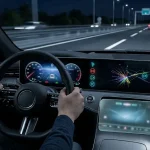 Interior of a Level 4 autonomous vehicle during night highway testing in the EU with the deterministic EdgeDrive system active