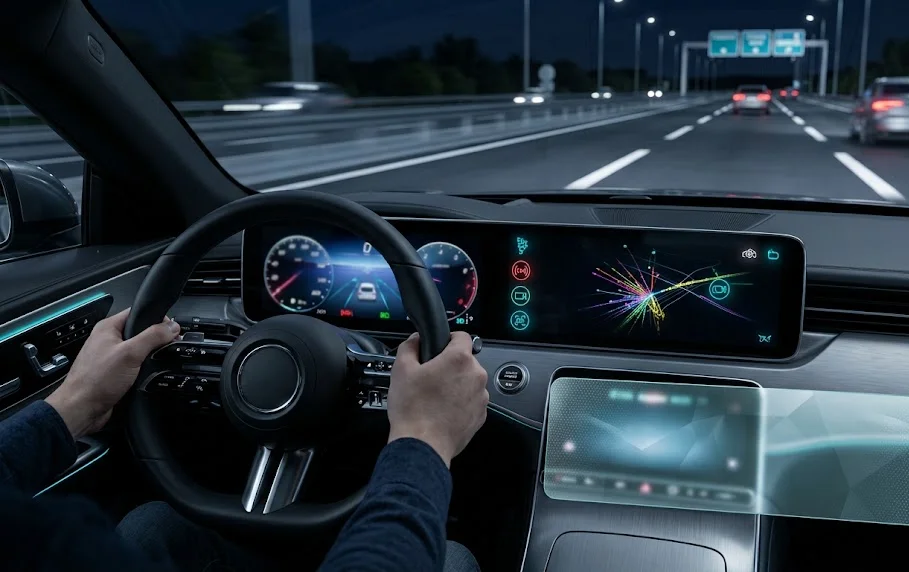 Interior of a Level 4 autonomous vehicle during night highway testing in the EU with the deterministic EdgeDrive system active