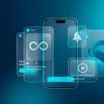 A smartphone surrounded by conceptual frosted glass UI elements representing infinite loop and notifications on a dark cyan backdrop