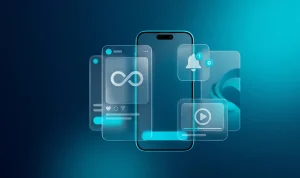 A smartphone surrounded by conceptual frosted glass UI elements representing infinite loop and notifications on a dark cyan backdrop