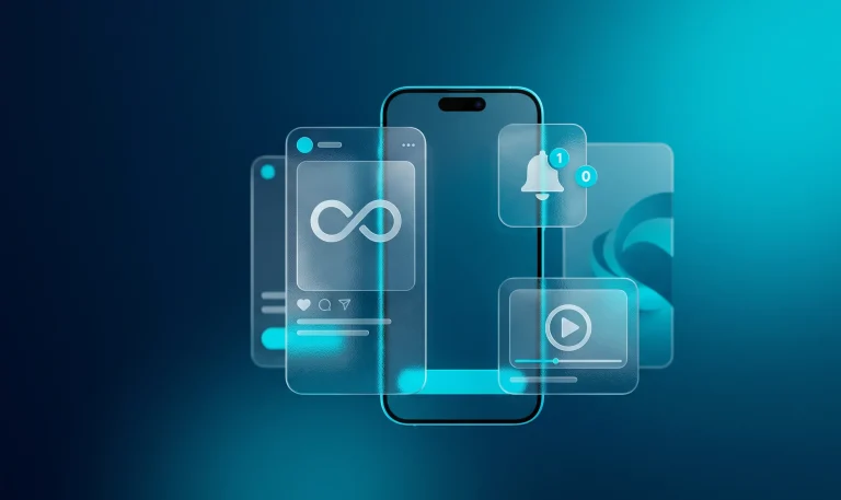 A smartphone surrounded by conceptual frosted glass UI elements representing infinite loop and notifications on a dark cyan backdrop