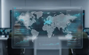 Interface of the European military artificial intelligence system with a world map and data analytics charts