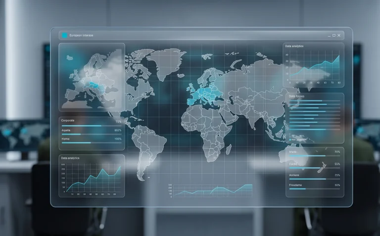 Interface of the European military artificial intelligence system with a world map and data analytics charts