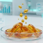 Laboratory study of omega-3 fish oil capsules with EPA and DHA chemical formulas on a clean background