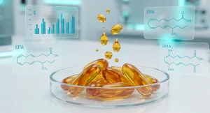 Laboratory study of omega-3 fish oil capsules with EPA and DHA chemical formulas on a clean background