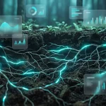 Visualization of underground fungal network beneath a forest in glassmorphism style with turquoise connection lines