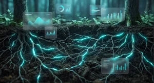 Visualization of underground fungal network beneath a forest in glassmorphism style with turquoise connection lines