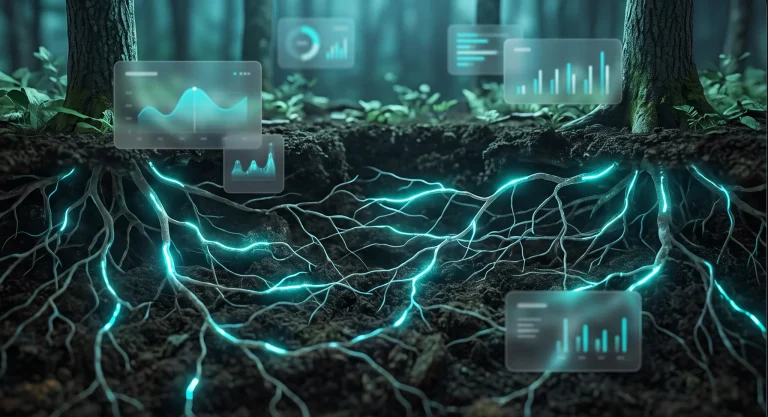 Visualization of underground fungal network beneath a forest in glassmorphism style with turquoise connection lines