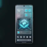 An Android smartphone interface displaying high-tech Glassmorphism widgets with custom AI integration in clean cyan styling