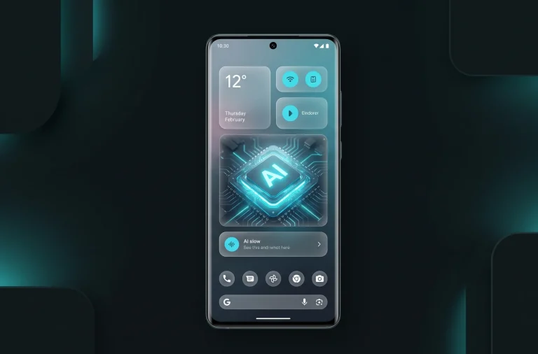 An Android smartphone interface displaying high-tech Glassmorphism widgets with custom AI integration in clean cyan styling