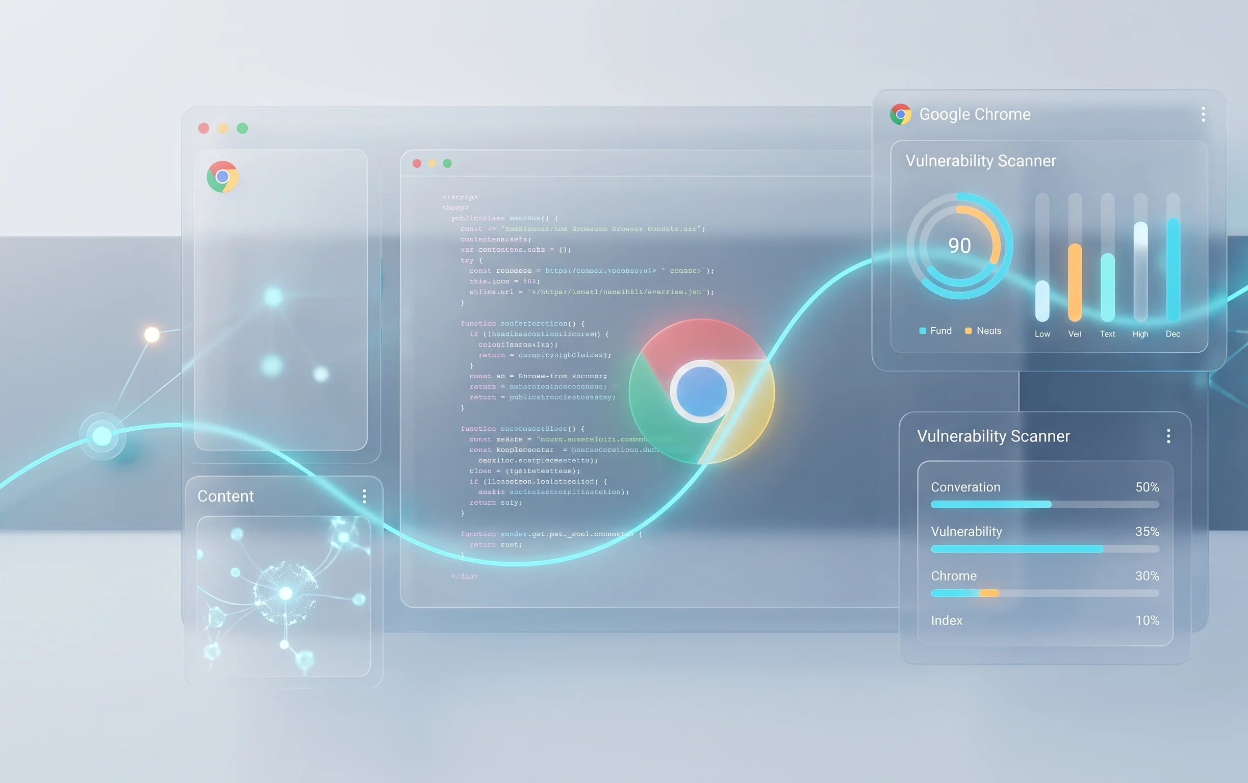 Панель кибербезопасности Google Chrome в стиле Glassmorphism с элементами анализа кода
