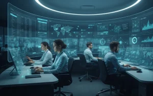 Technology visualization of Google Gemini cybersecurity in a futuristic operations center