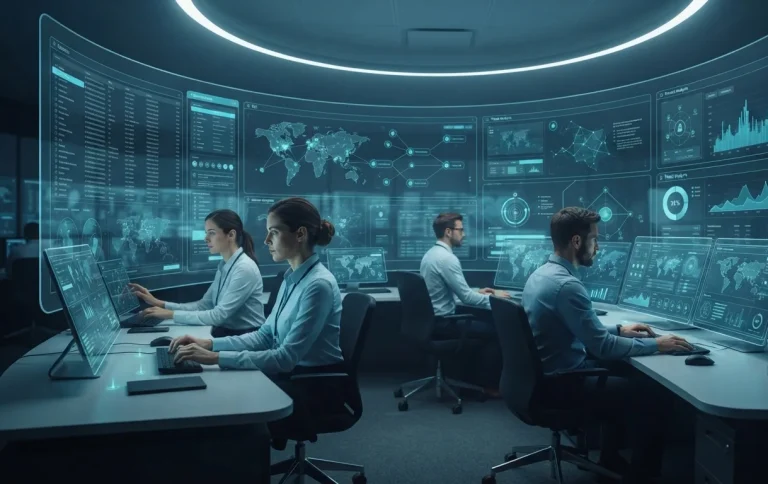 Технологічна візуалізація кібербезпеки Google Gemini в футуристичному центрі операцій