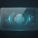 An abstract Android logo on a glass panel, symbolizing the EU antitrust court case against Google