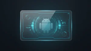An abstract Android logo on a glass panel, symbolizing the EU antitrust court case against Google