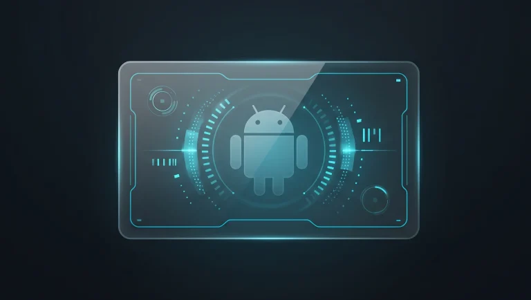 An abstract Android logo on a glass panel, symbolizing the EU antitrust court case against Google
