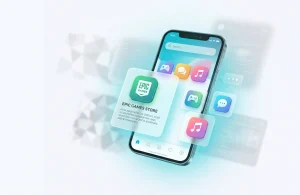 Smartphone with an open app marketplace, from which cards of third-party stores like Epic Games Store emerge.