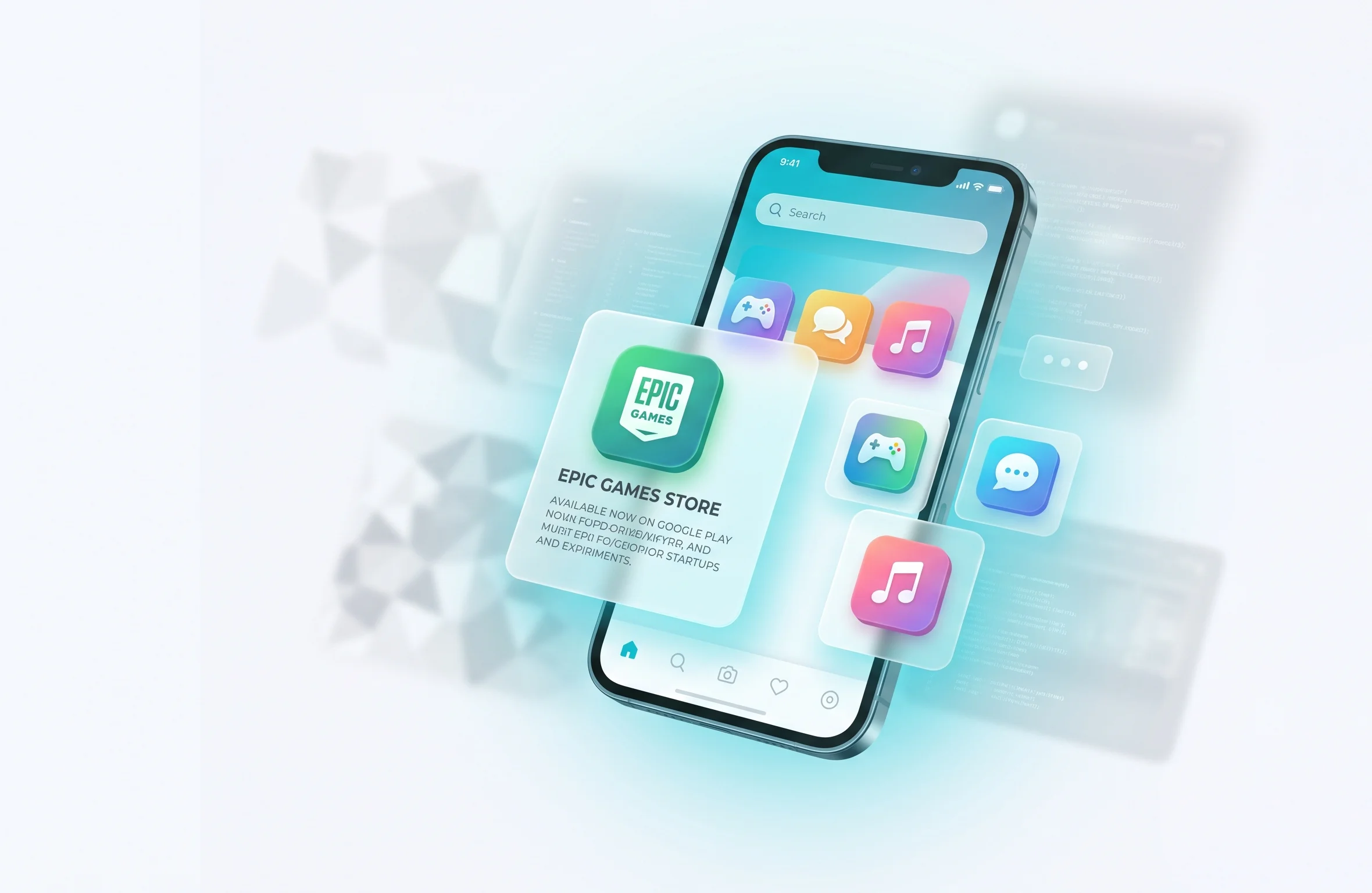 Smartphone with an open app marketplace, from which cards of third-party stores like Epic Games Store emerge.