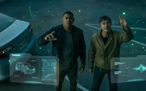Hal Jordan and John Stewart investigate a crime scene on a dark parking lot
