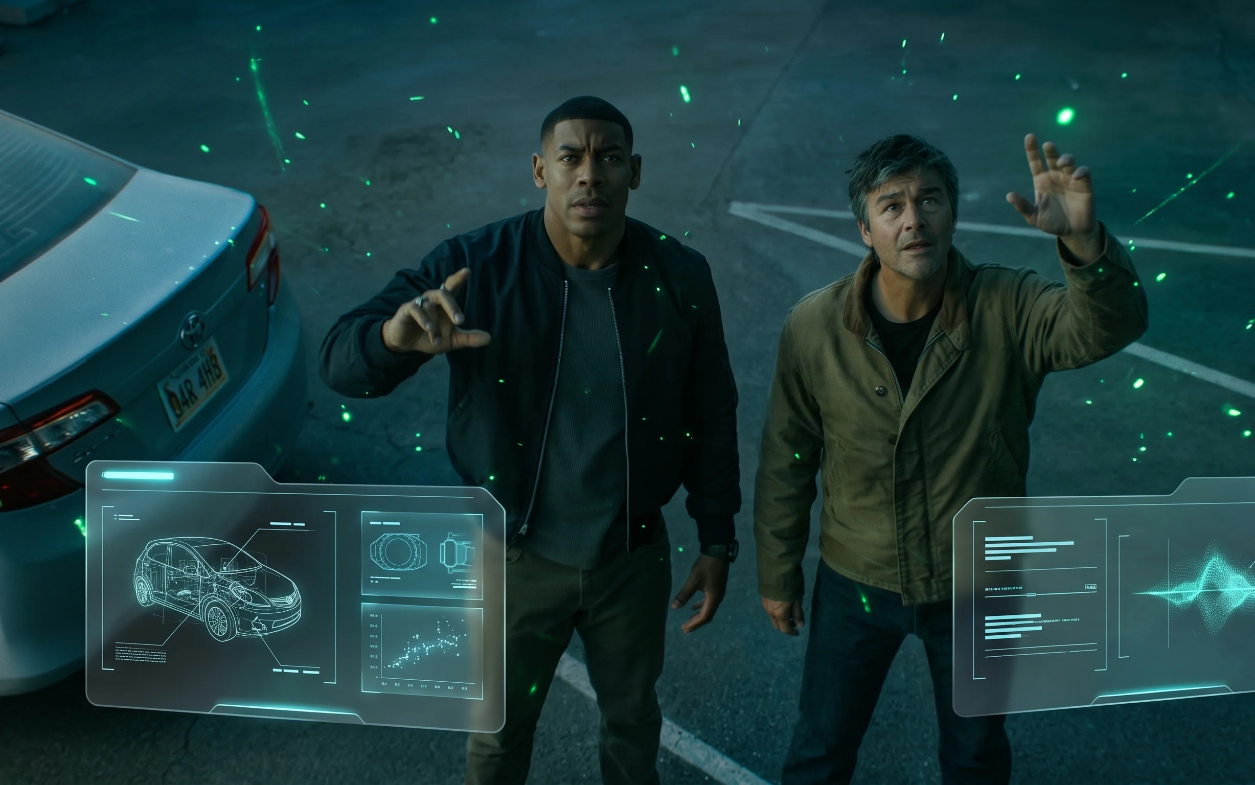 Hal Jordan and John Stewart investigate a crime scene on a dark parking lot