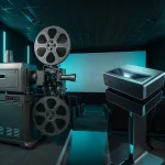 Comparison of 70mm IMAX film projector and modern digital laser projector in cinema