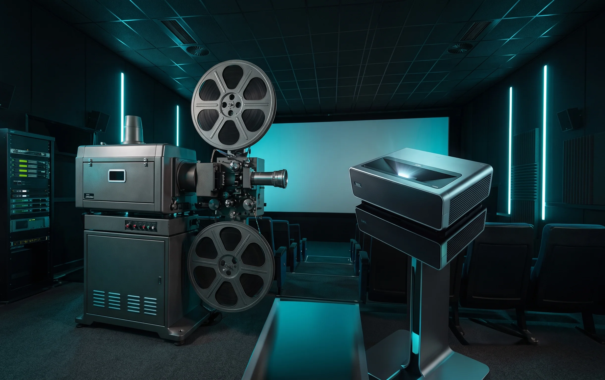 Comparison of 70mm IMAX film projector and modern digital laser projector in cinema