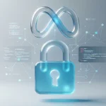 Graphical representation of digital security featuring a transparent padlock and the Meta logo in a glassmorphism style